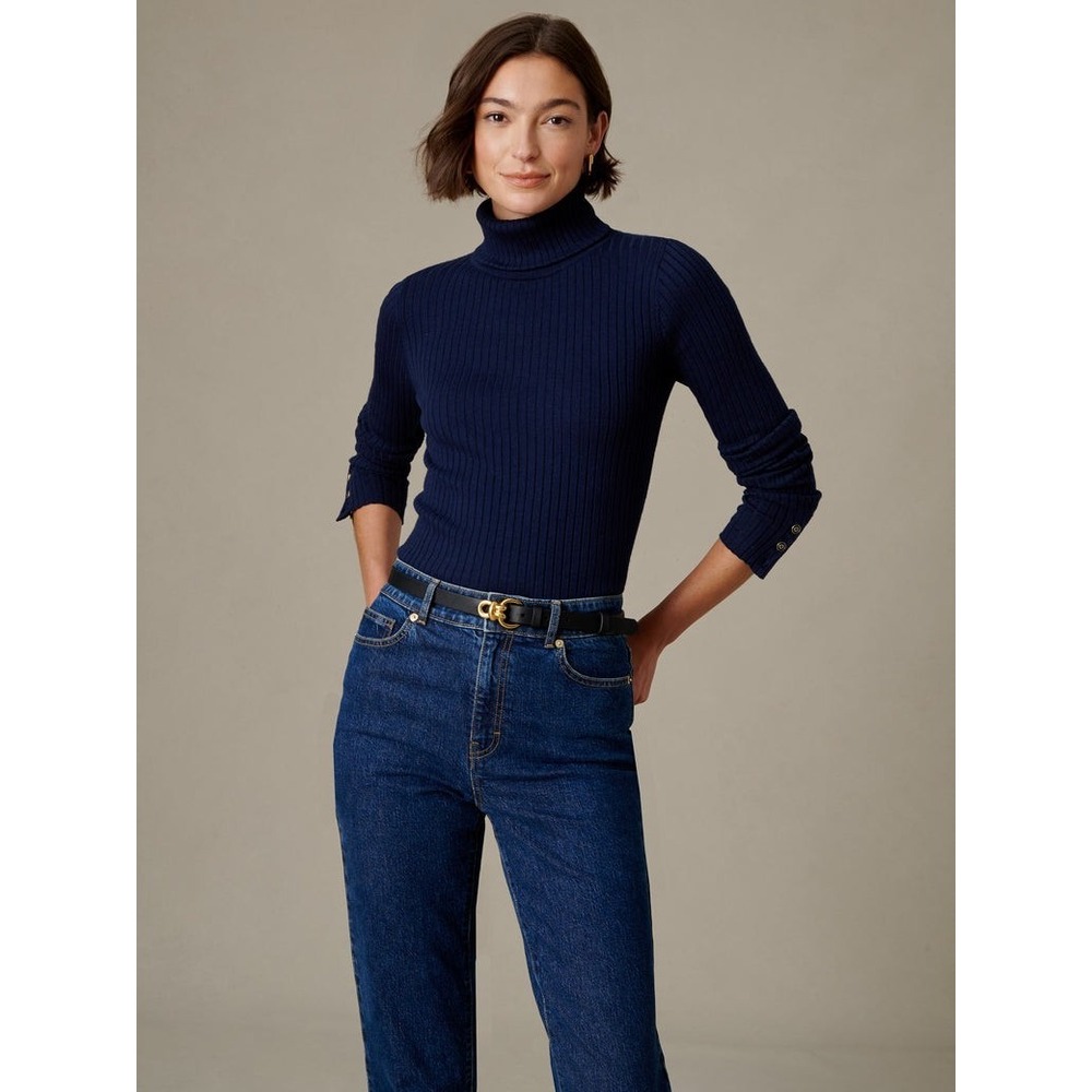 J.McLaughlin Arlette Turtleneck Ribbed Sweater Navy Blue Button Cuff XL NWT $198